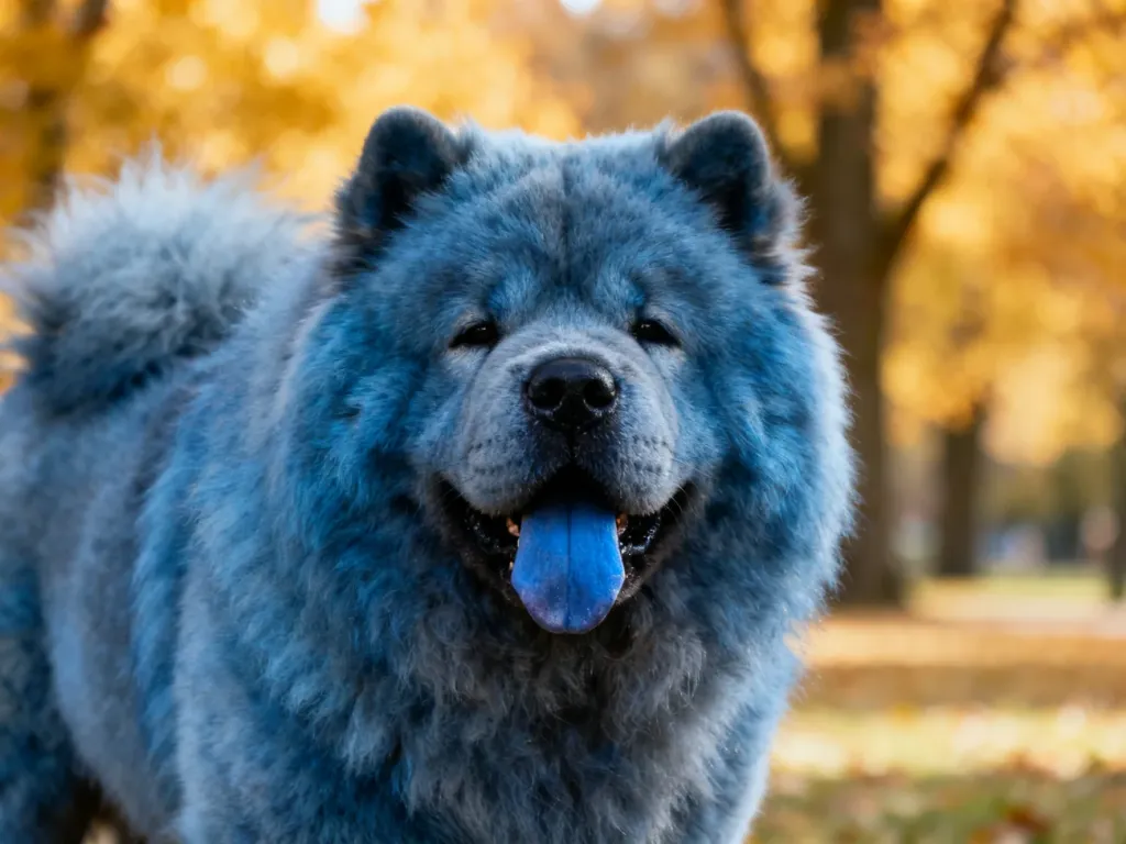 Dostojny pies rasy chow chow o charakterystycznym niebiesko-szarym umaszczeniu i niebieskim języku w jesiennym parku.