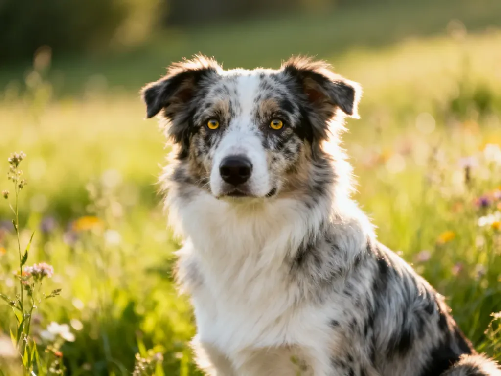 Border collie o umaszczeniu merle siedzący w słonecznej scenerii łąki. Pies prezentuje charakterystyczne wzorzyste futro.