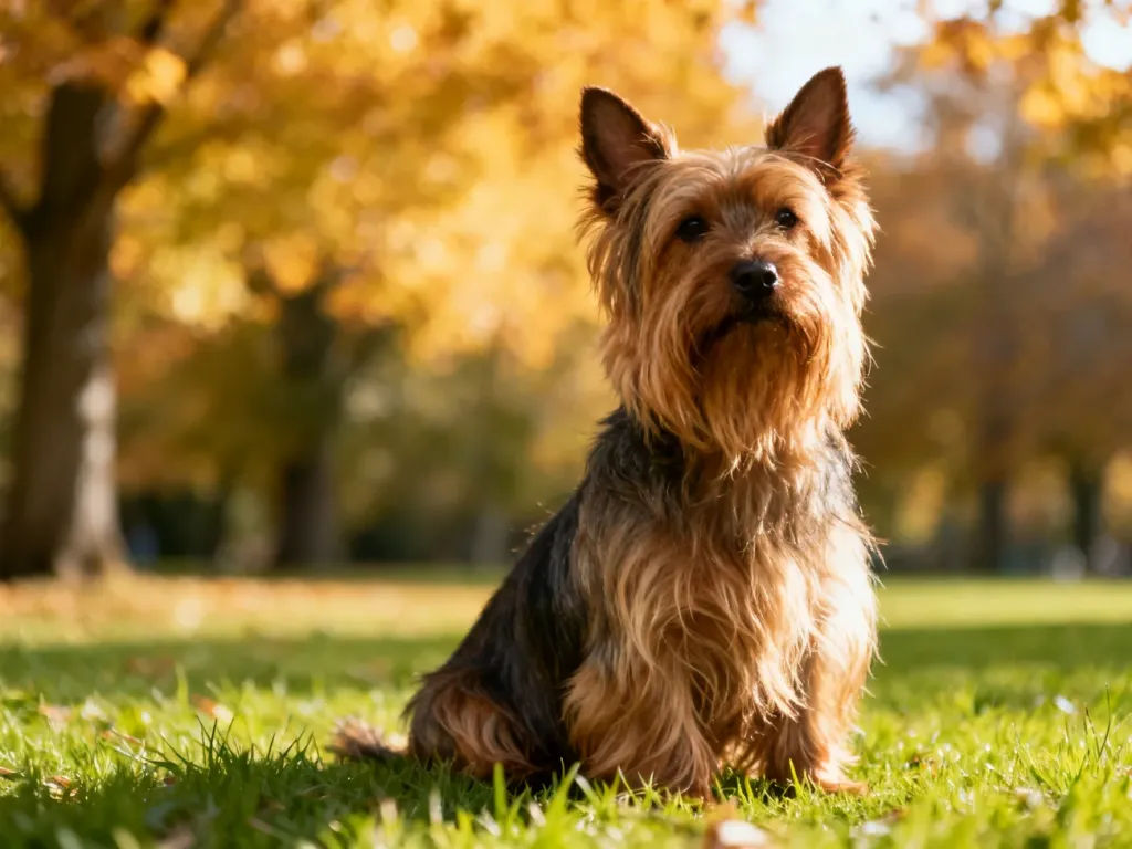 Dorosły Skye terrier z charakterystyczną długą sierścią i stojącymi uszami, siedzący na zielonym trawniku w jesiennym parku.