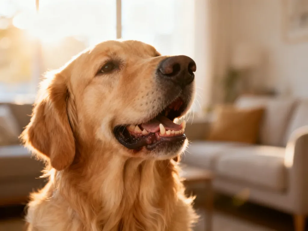 Złoty retriever z lekko otwartym pyskiem, prezentujący zdrowe i czyste psie zęby w domowym otoczeniu.