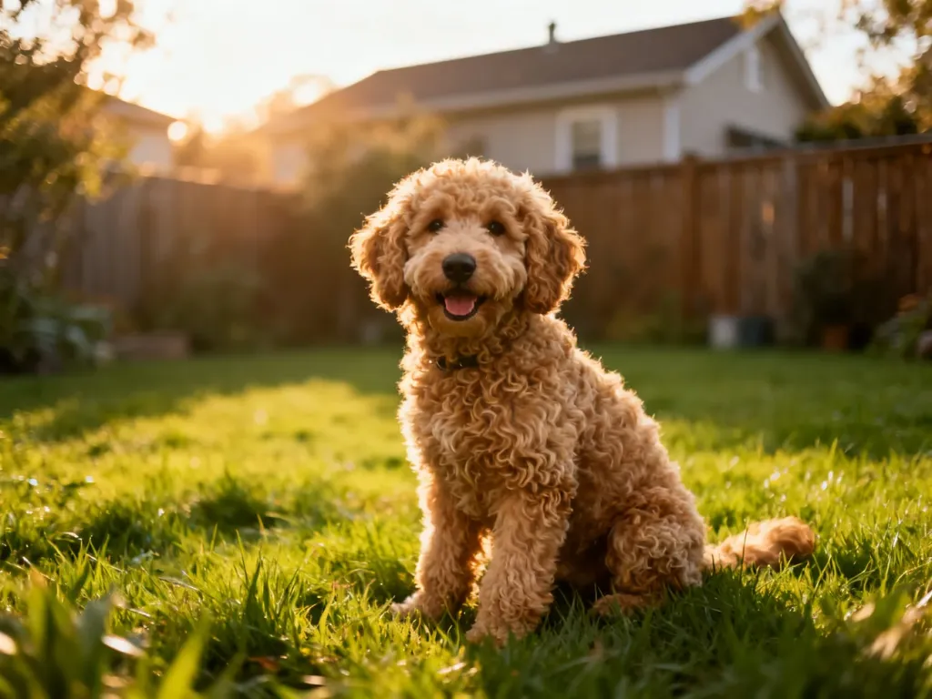 Szczęśliwy Goldendoodle z kręconą sierścią siedzący na zielonym trawniku w słonecznym ogrodzie.