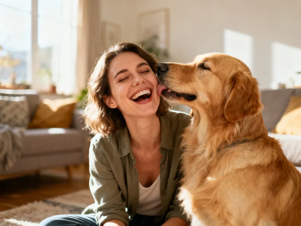 Szczęśliwa kobieta siedząca na podłodze, której policzek liże przyjazny golden retriever w słonecznym salonie.