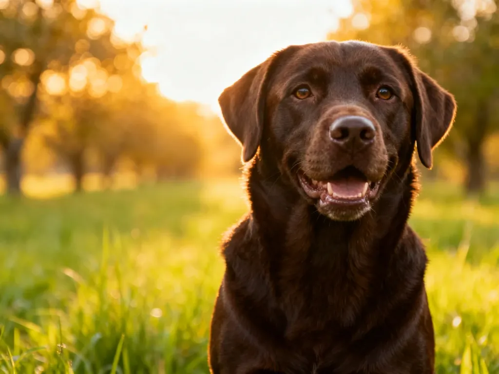 Czekoladowy labrador siedzący w słonecznej, zielonej scenerii. Pies ma lśniącą sierść i przyjazny wyraz pyska.