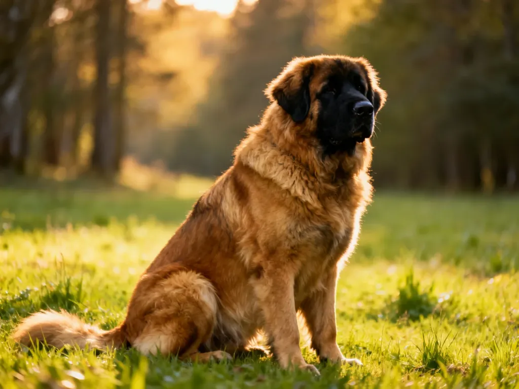 Dostojny pies rasy leonberger z charakterystyczną czarną maską, siedzący spokojnie na zielonej łące w świetle zachodzącego słońca.