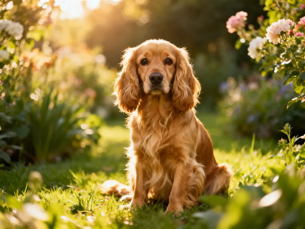Dorosły cocker spaniel o złotym, jedwabistym futrze siedzący w słonecznym, zielonym ogrodzie.